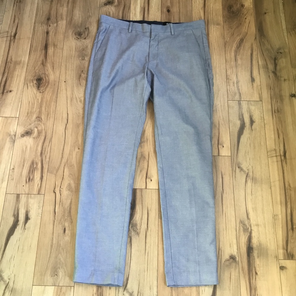 H&M Men's Cotton Blend Slim Fit Textured Twill Grey Dress Pants Straight Office